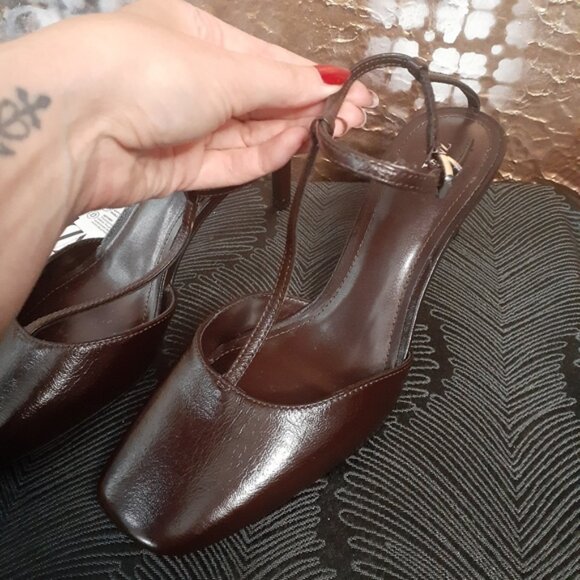 Zara NWT Genuine Leather Chocolate Brown Heels - Picture 12 of 16